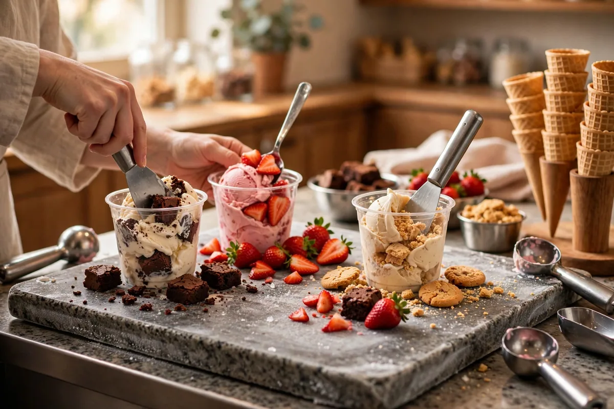 Cold Stone Creamery calories guide: ice cream folded with mix-ins on a frozen granite stone