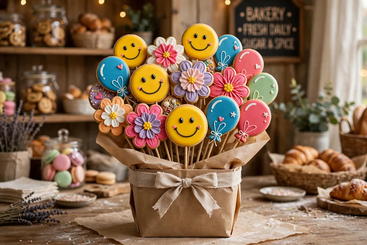 Cookies by Design menu prices 2026 gift container with hand-decorated cookie bouquet