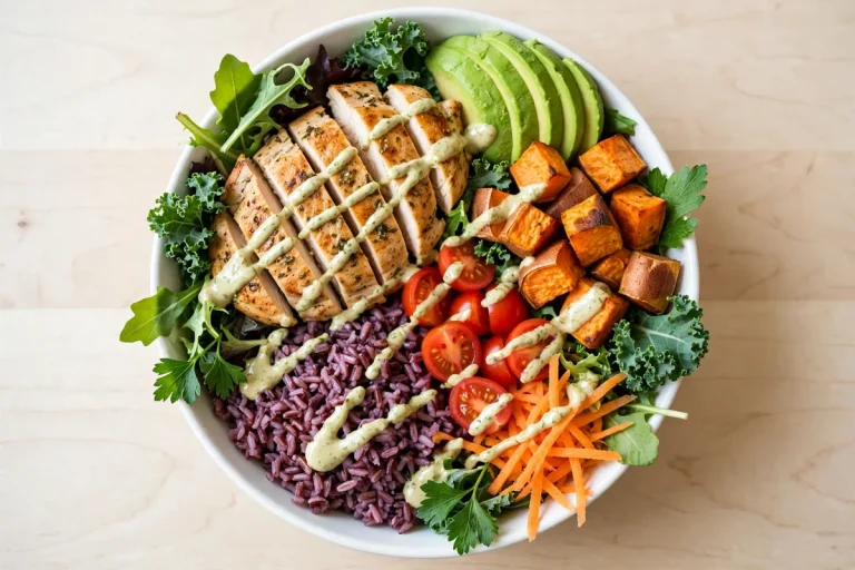 CoreLife Eatery menu prices 2026 healthy grain bowl with grilled chicken, purple rice, sweet potato and avocado