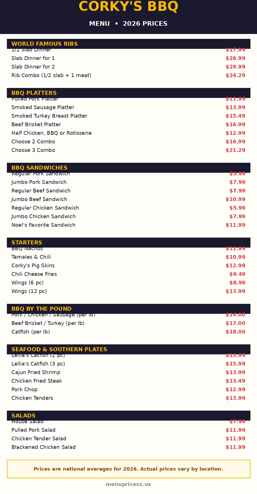 Corky's BBQ menu card with prices for ribs, platters, sandwiches, starters and catering