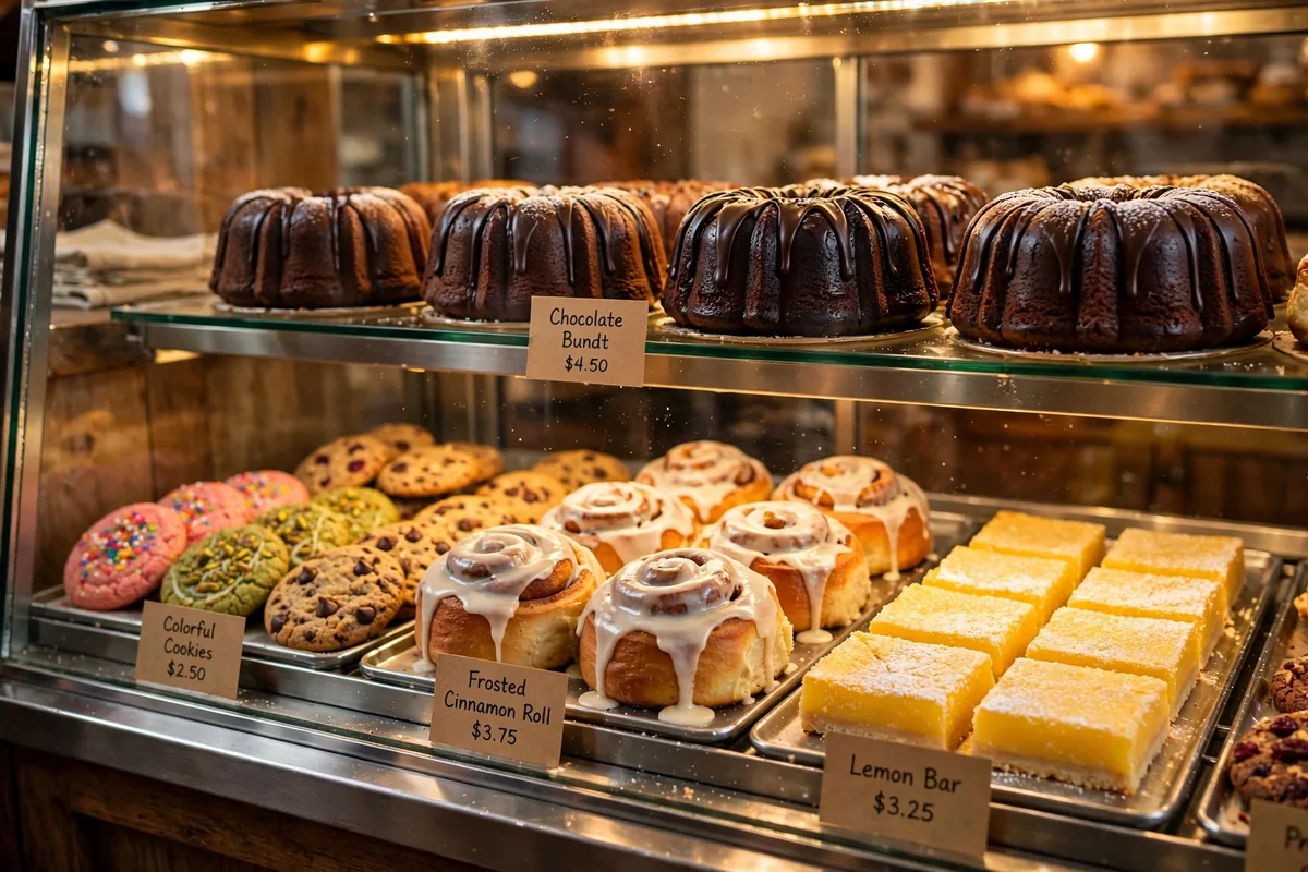 Corner Bakery bakery menu prices 2026 fresh bundt cakes cookies and sweets in the display case