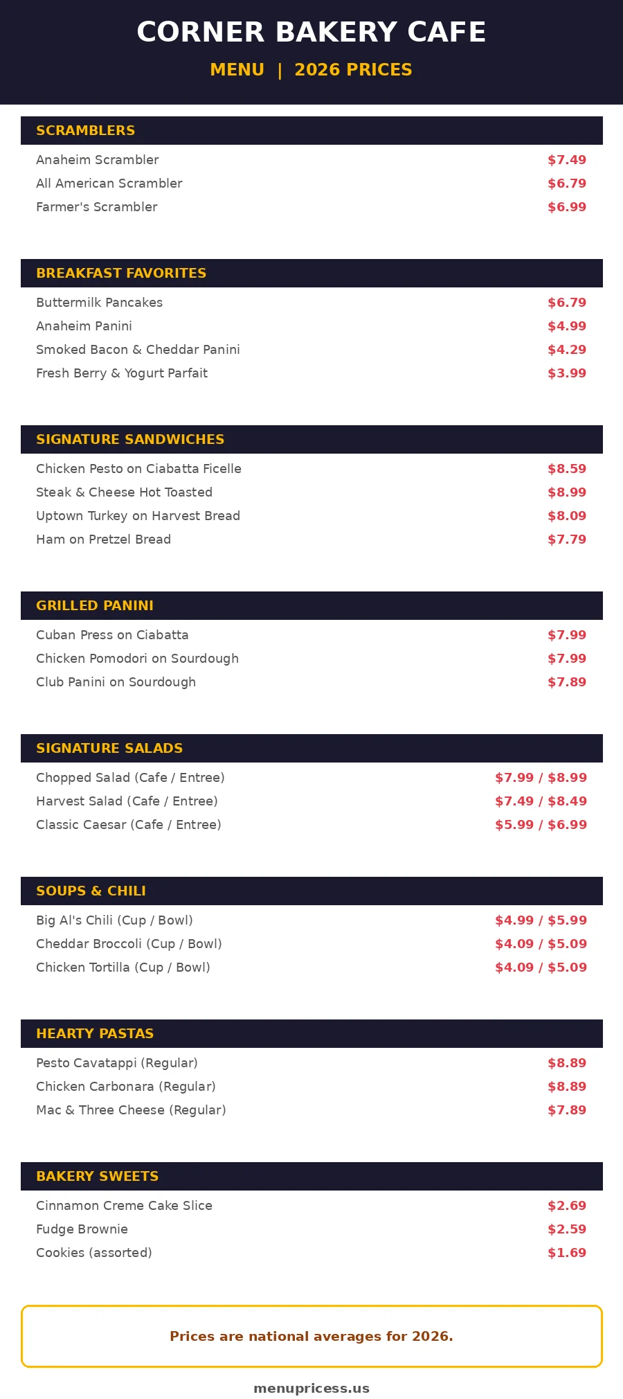Corner Bakery menu prices 2026 full menu card with scramblers, sandwiches, salads, soups and bakery prices