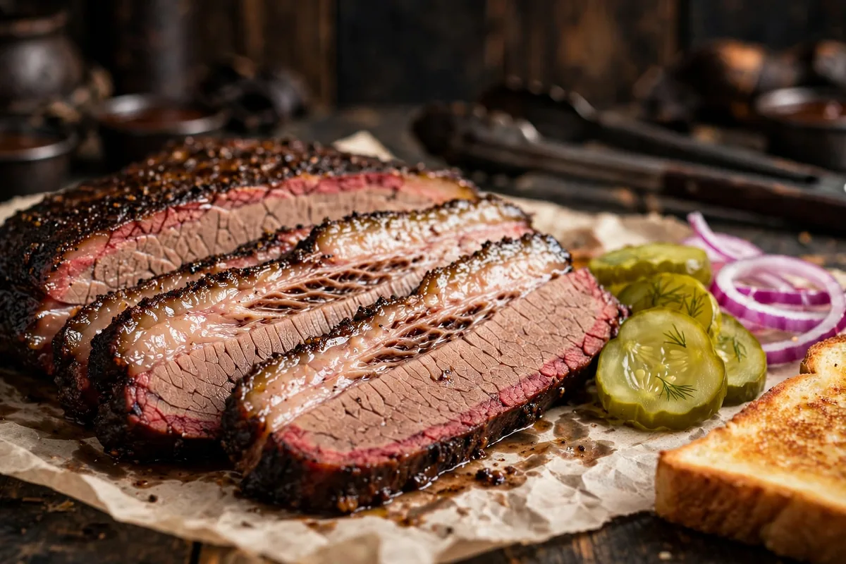 Cousin's BBQ menu prices: sliced smoked brisket close-up