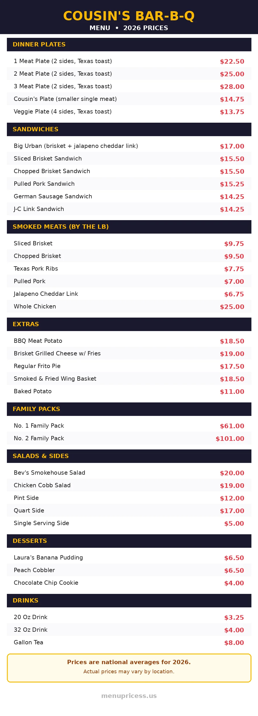 Cousin's Bar-B-Q menu prices 2026 menu card graphic