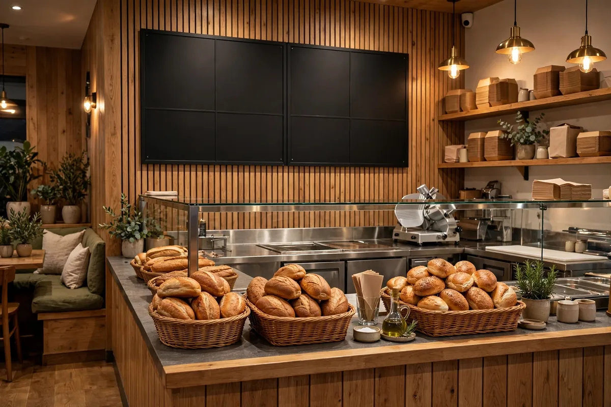 Inside a Cousins Subs restaurant, fresh bread and menu boards, cousins subs menu favorites