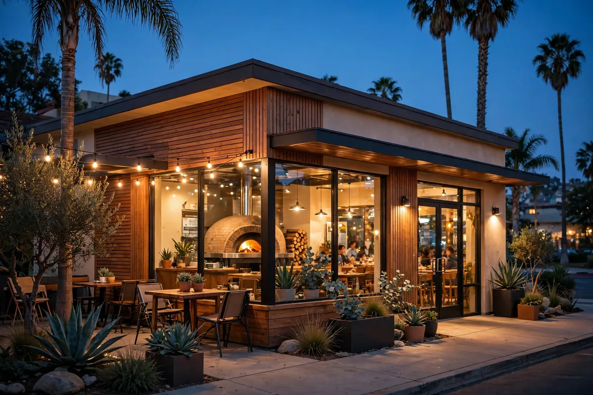 California Pizza Kitchen locations restaurant storefront exterior at dusk
