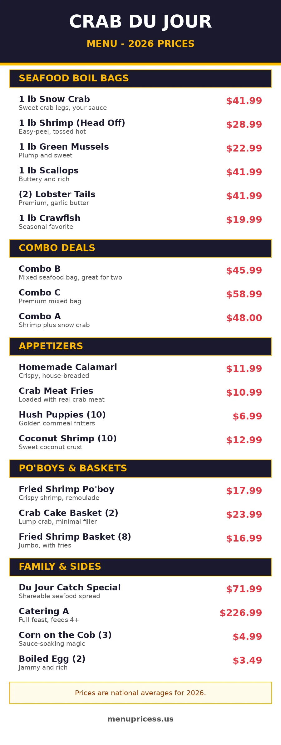 Crab Du Jour menu prices 2026 seafood boil menu card