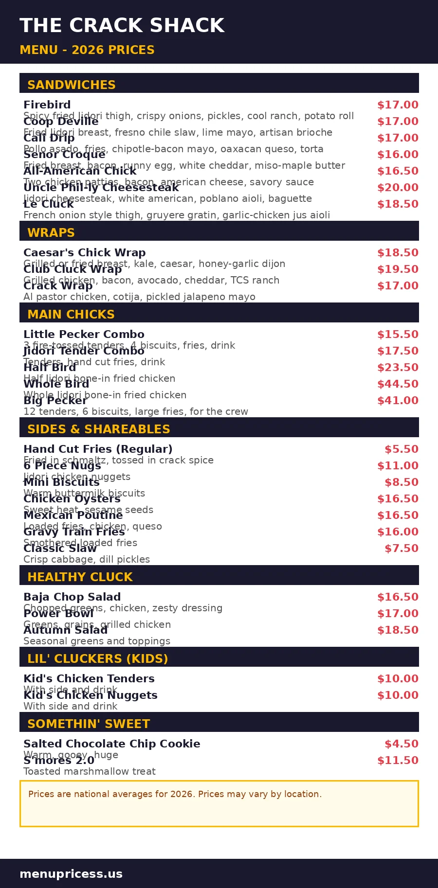 The Crack Shack menu prices 2026 menu card with full price list