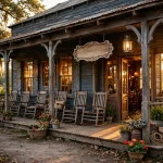 Cracker Barrel explained: rustic country restaurant storefront with rocking chairs on the porch at golden hour