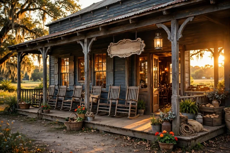 Cracker Barrel explained: rustic country restaurant storefront with rocking chairs on the porch at golden hour
