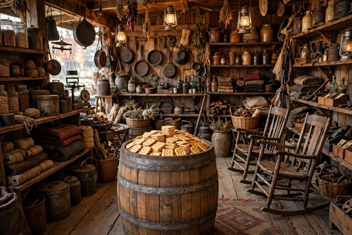 Old country store interior with a barrel of soda crackers, which explains why it is called Cracker Barrel