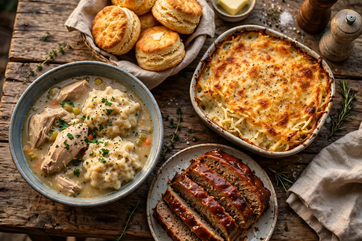 Cracker Barrel famous comfort food spread with chicken and dumplings, biscuits, hashbrown casserole and meatloaf