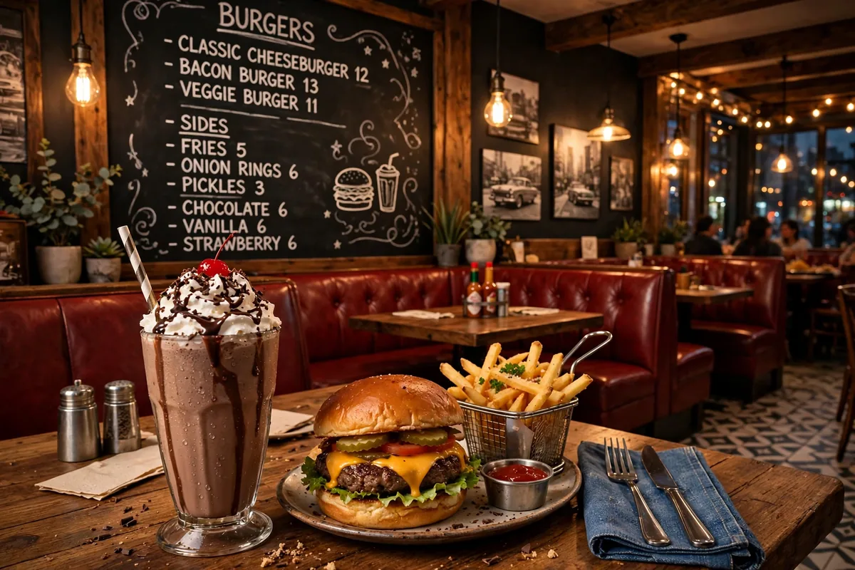 Crave Real Burgers restaurant interior with burger, fries and chocolate milkshake