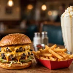 Crown Burgers menu prices: pastrami-topped Crown Burger with onion rings and a thick shake
