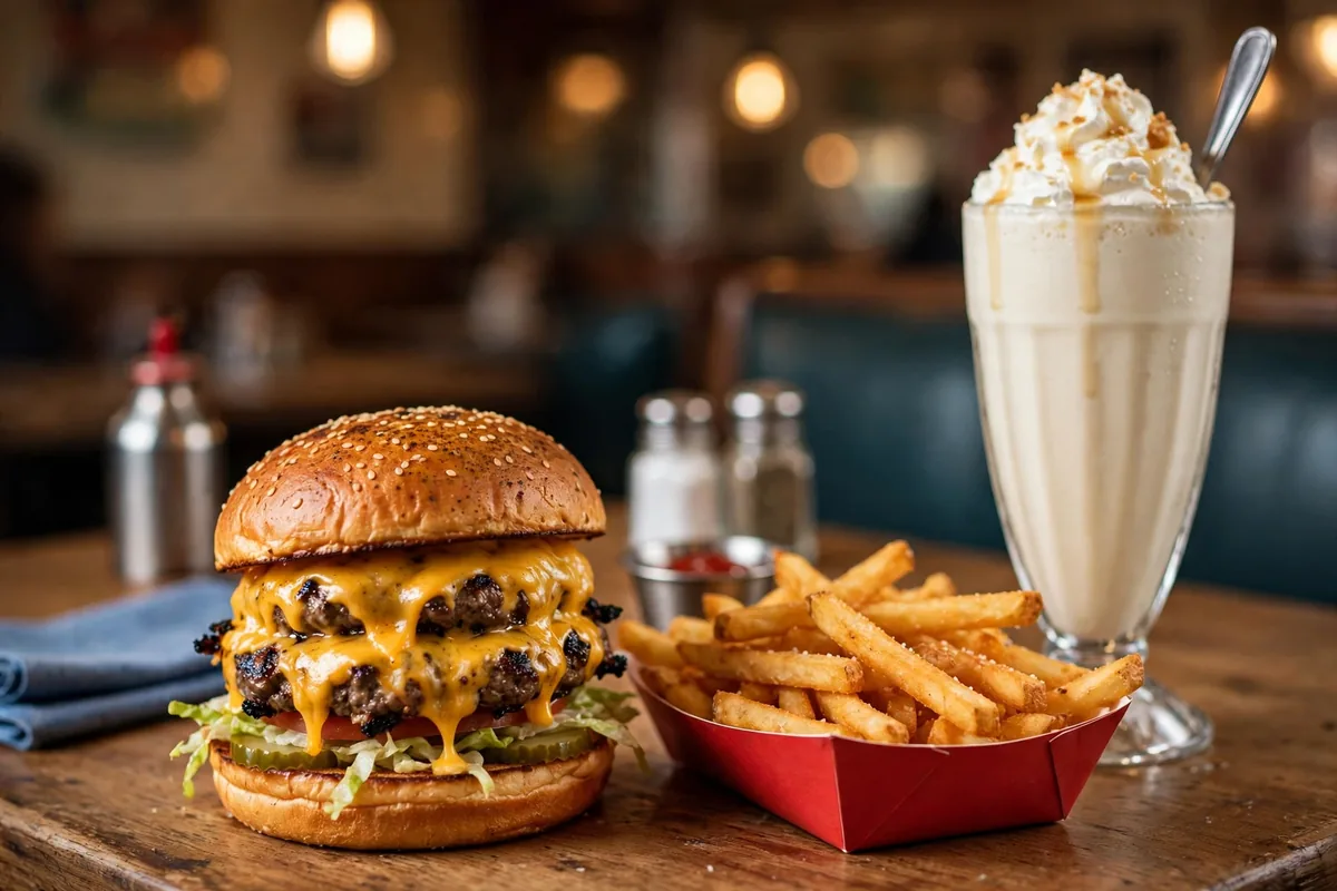 Crown Burgers menu prices: pastrami-topped Crown Burger with onion rings and a thick shake