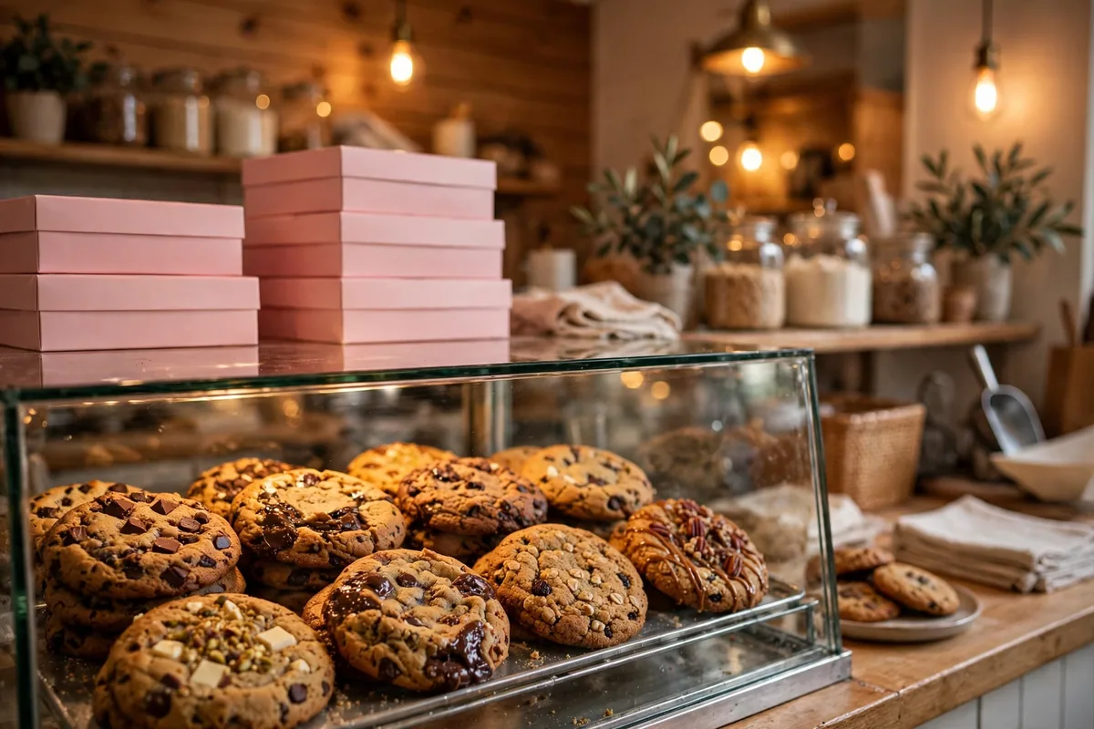 Crumbl 1.99 value deal cookie display with pink boxes in a cookie shop