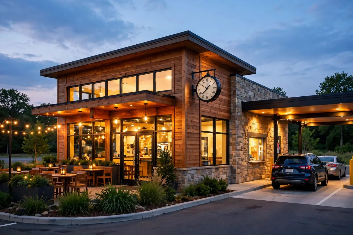 Culver's restaurant exterior at dusk showing working hours theme