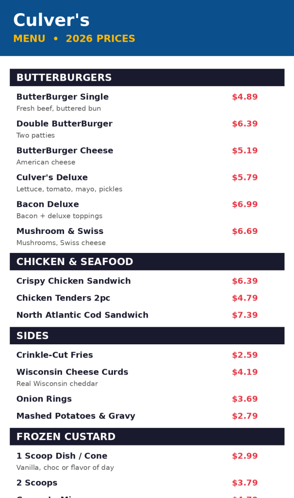 Culver's menu card with prices 2026