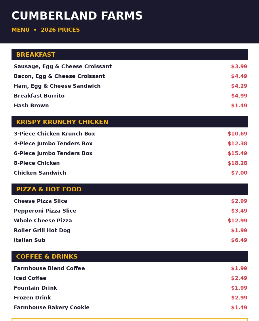 Cumberland Farms menu card with prices 2026 breakfast chicken pizza coffee