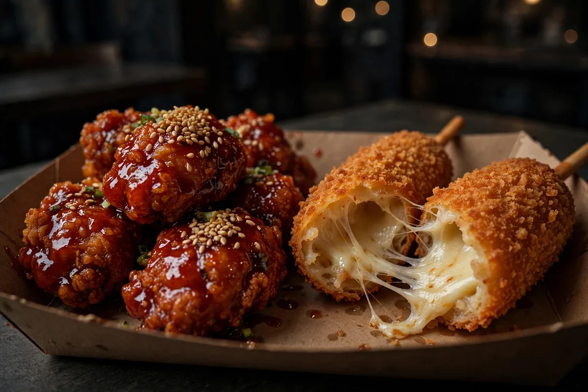 Cupbop menu Korean fried chicken and Korean corn dog with melted cheese