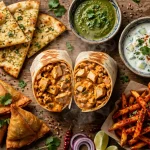 Curry Up Now menu prices 2026 tikka masala burrito and naan spread