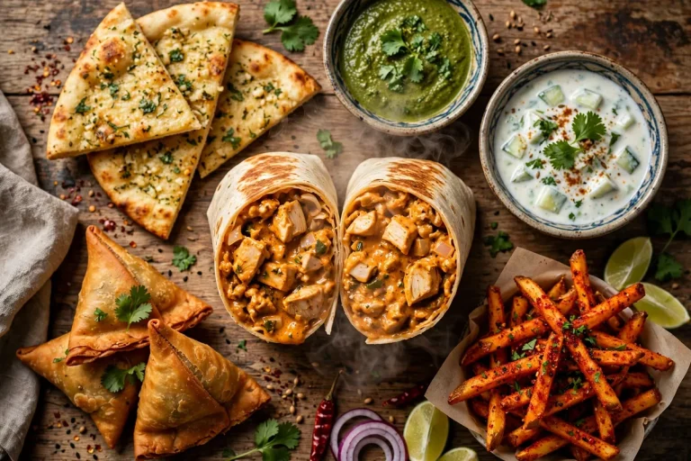 Curry Up Now menu prices 2026 tikka masala burrito and naan spread