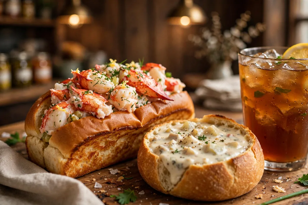 dangelos lobster roll price 2026 with clam chowder and iced tea