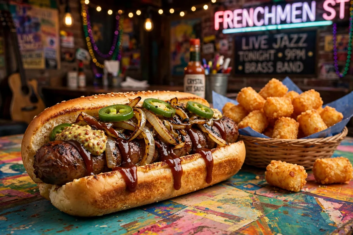 Dat Dog Rougarou alligator sausage menu prices with grilled onions and jalapenos