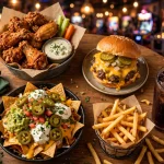 Dave Busters menu prices 2026 arcade restaurant table spread with wings burger nachos and fries