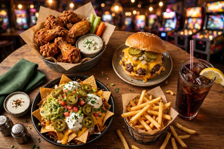 Dave Busters menu prices 2026 arcade restaurant table spread with wings burger nachos and fries