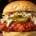 Dave's Hot Chicken free slider on a potato bun with kale slaw and pickles