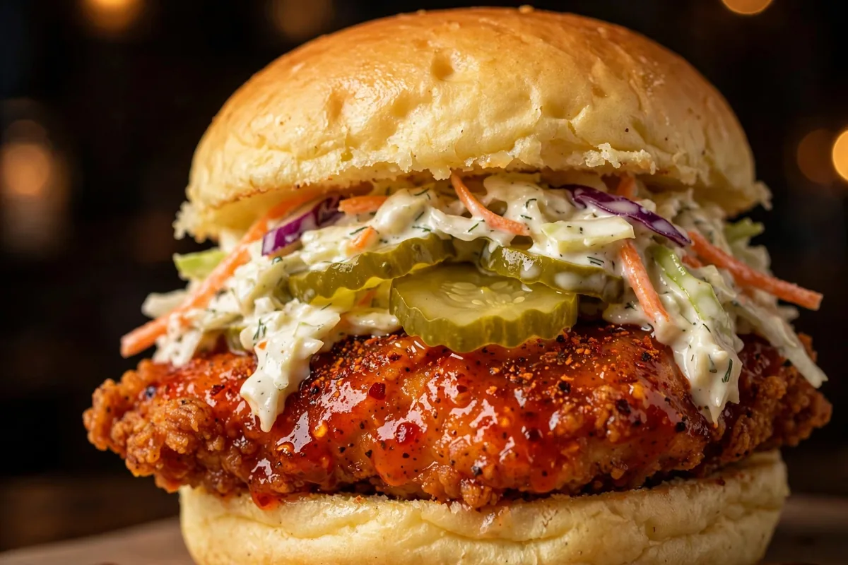 Dave's Hot Chicken free slider on a potato bun with kale slaw and pickles