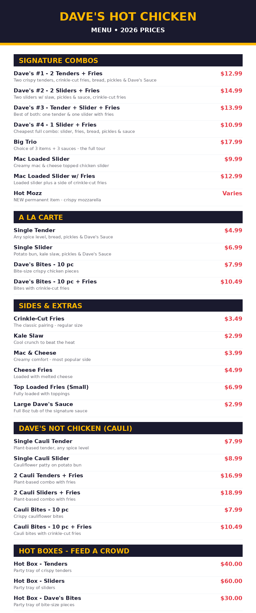 Dave's Hot Chicken menu prices 2026 menu card