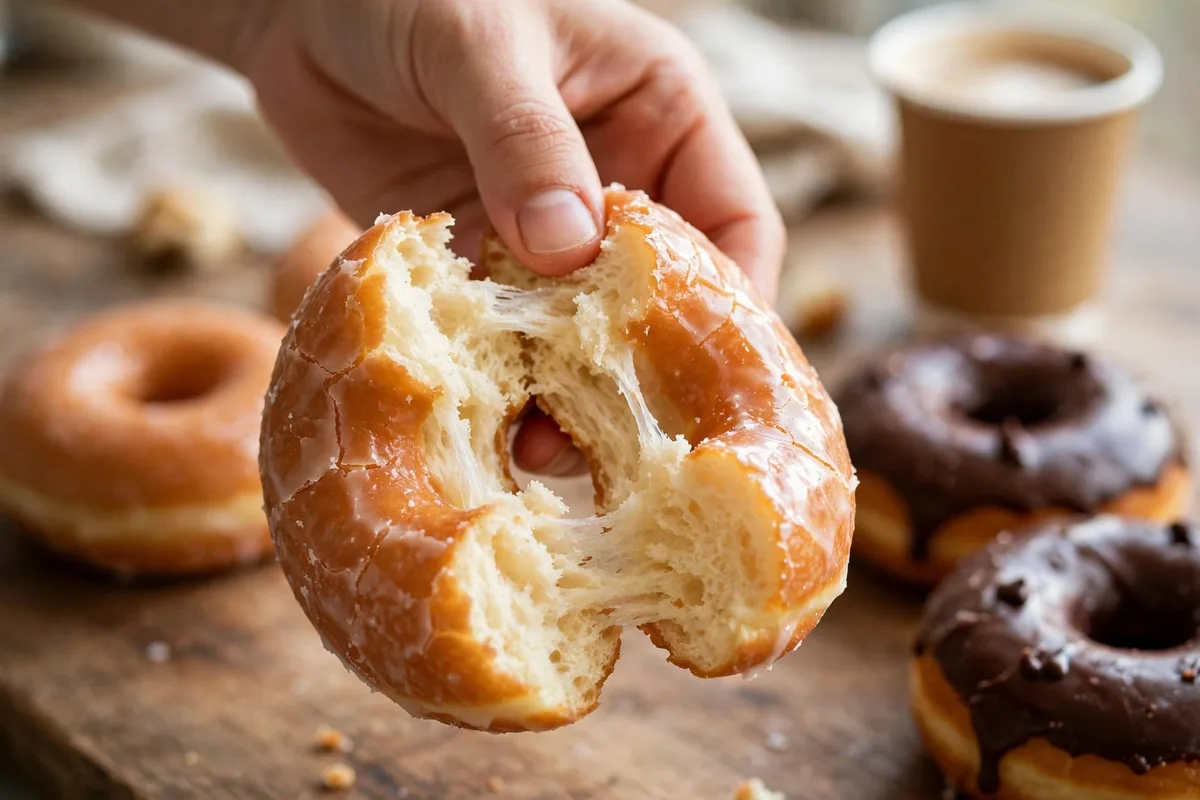 Fresh glazed Daylight Donuts menu item pulled apart with coffee