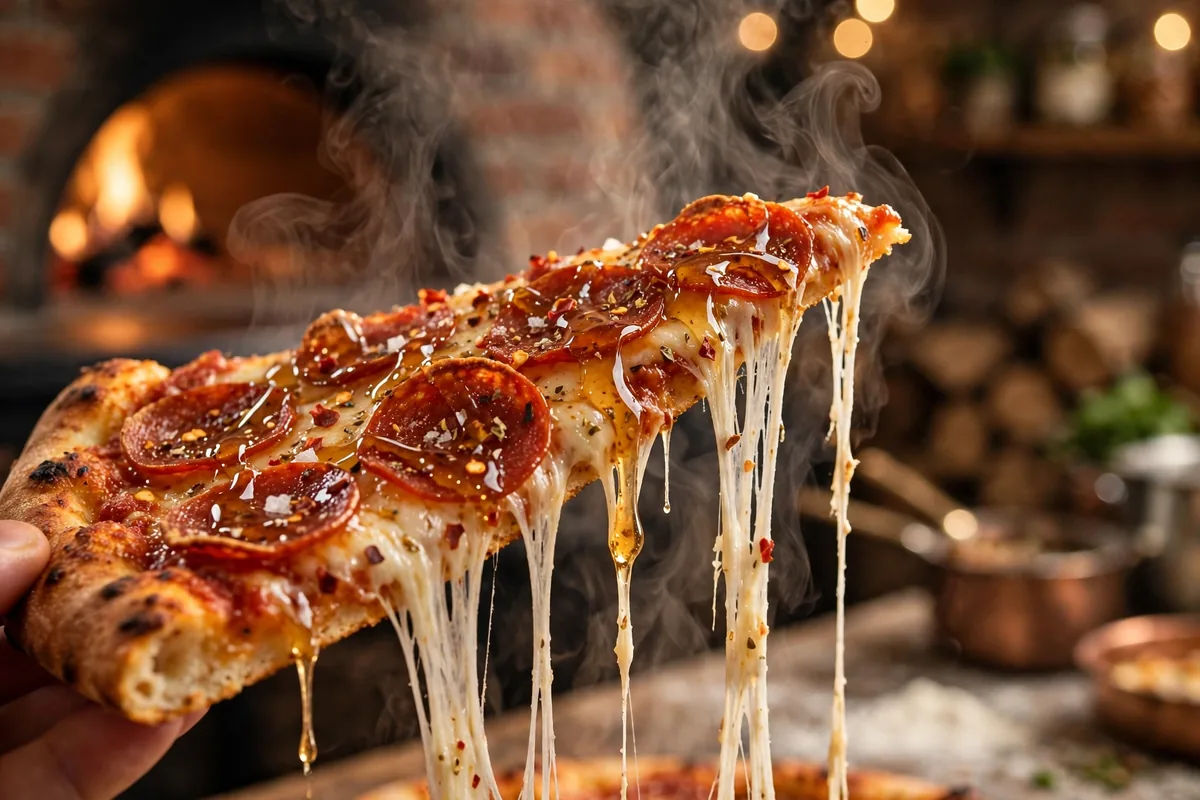 DeCheco's pizzeria menu hot honey pepperoni pizza slice cheese pull