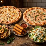 Denino's Pizza Place menu prices 2026 NY thin-crust pizza spread.