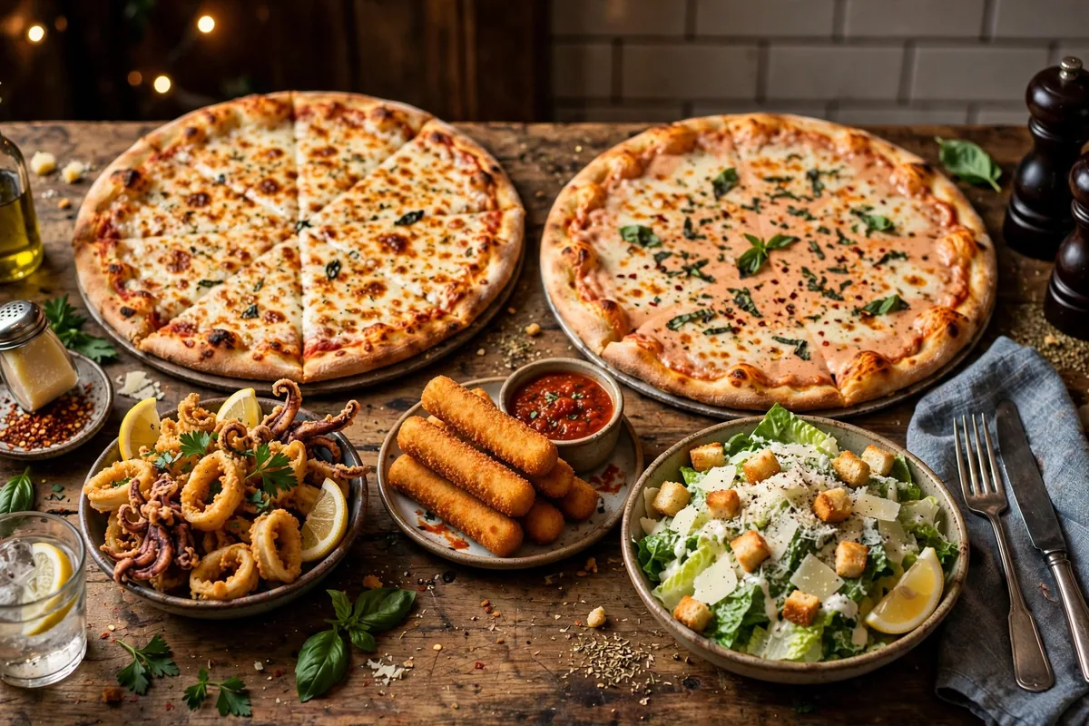 Denino's Pizza Place menu prices 2026 NY thin-crust pizza spread.