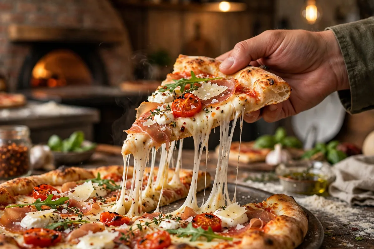 Deweys pizza menu prices 2026 cheese pull slice of gourmet specialty pizza