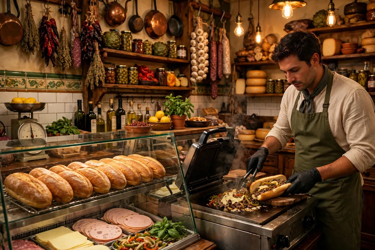 DiBella's Subs deli interior with fresh Italian sub rolls and a cheesesteak being made