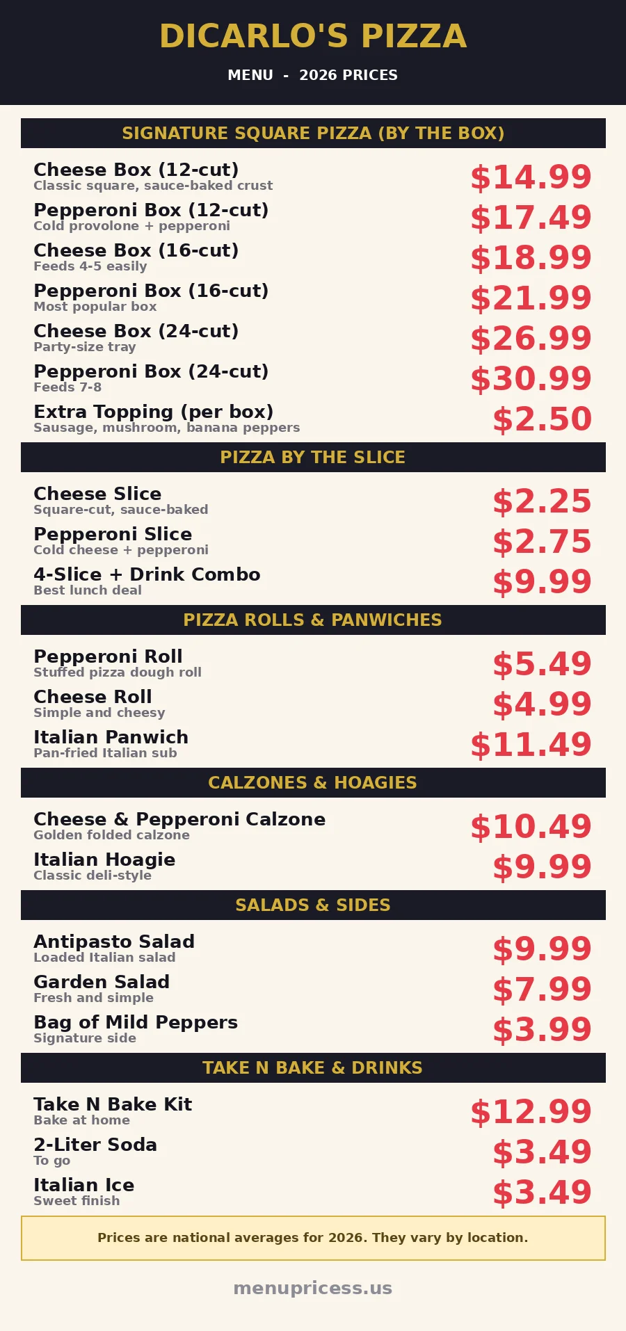 dicarlos pizza menu card 2026 prices square boxes slices rolls