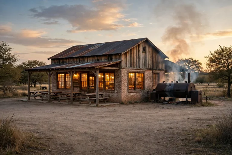 Dickey's Barbecue Pit working hours: rustic restaurant exterior at dusk