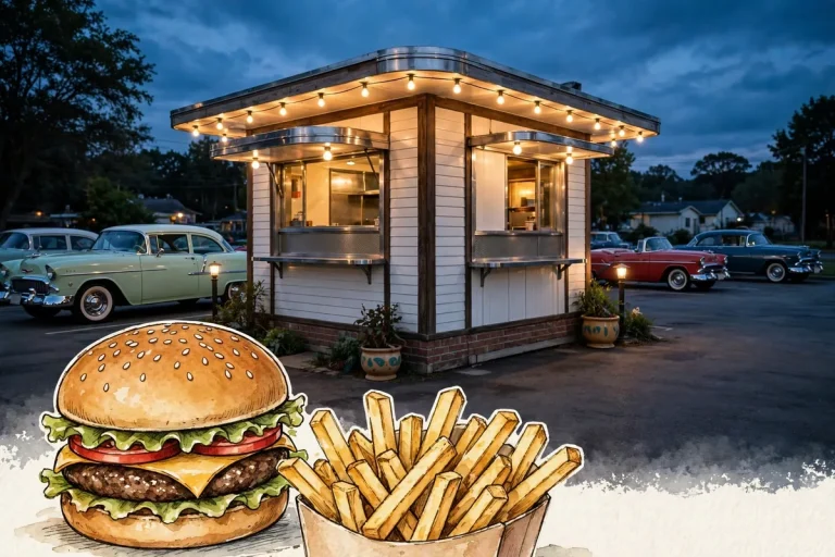 Dick's Drive-In locations, Seattle burger drive-in storefront at dusk