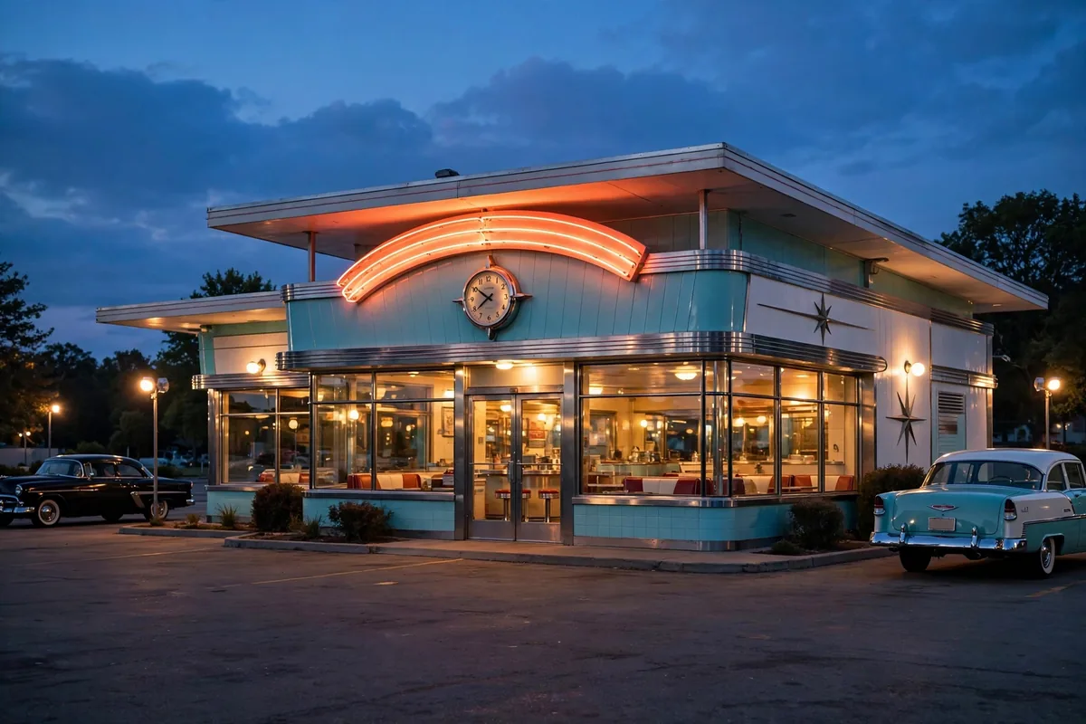 Dick's Drive-In working hours - retro drive-in restaurant at dusk