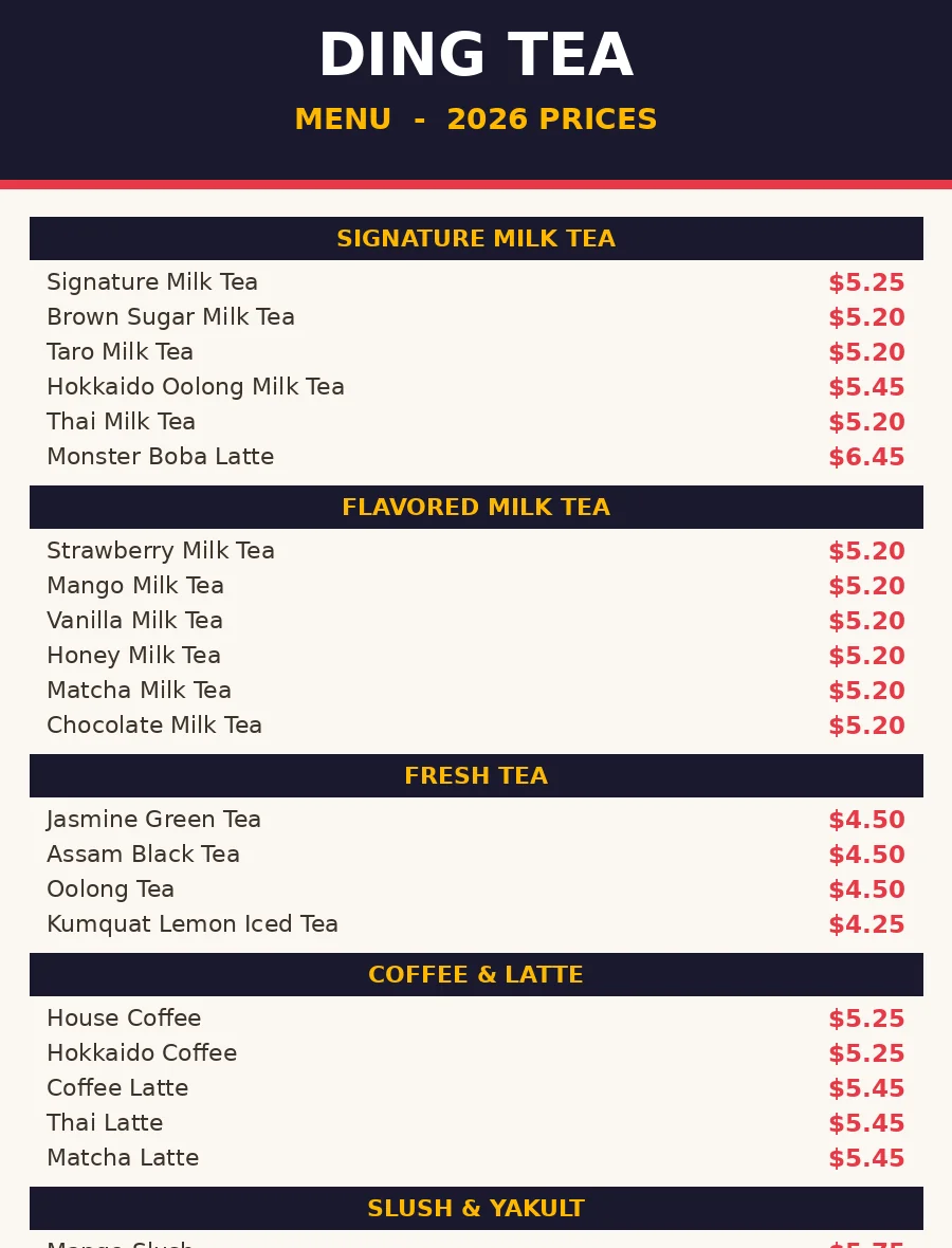 Ding Tea menu prices 2026 menu card with signature milk tea, fresh tea and slush prices