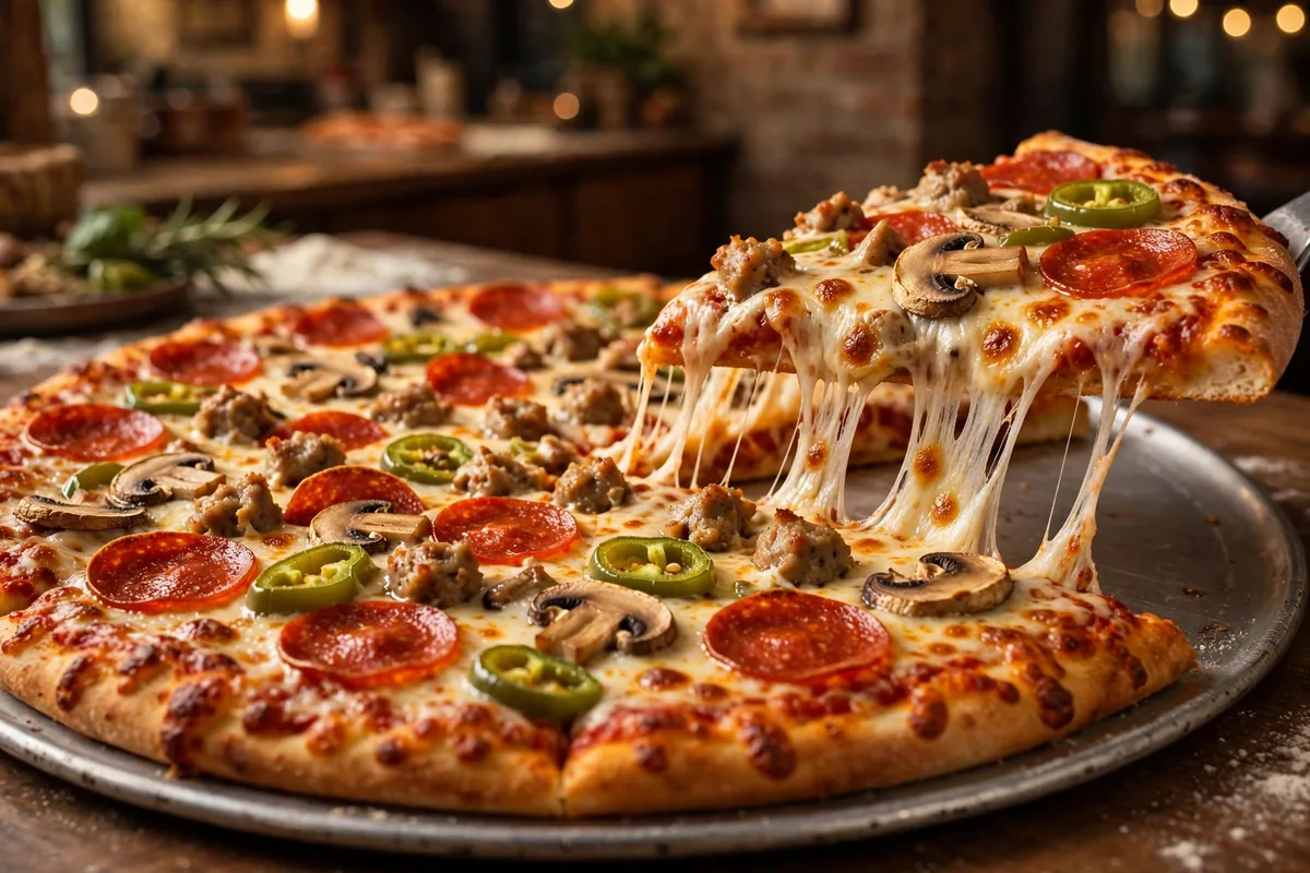 Dion's Pizza menu 2026 loaded pepperoni green chile pizza slice with cheese pull