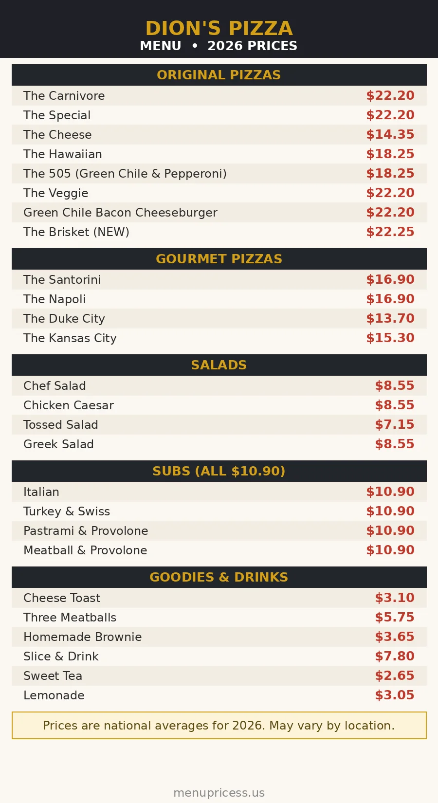 Dion's Pizza menu prices 2026 menu card with original gourmet pizzas salads subs and drinks