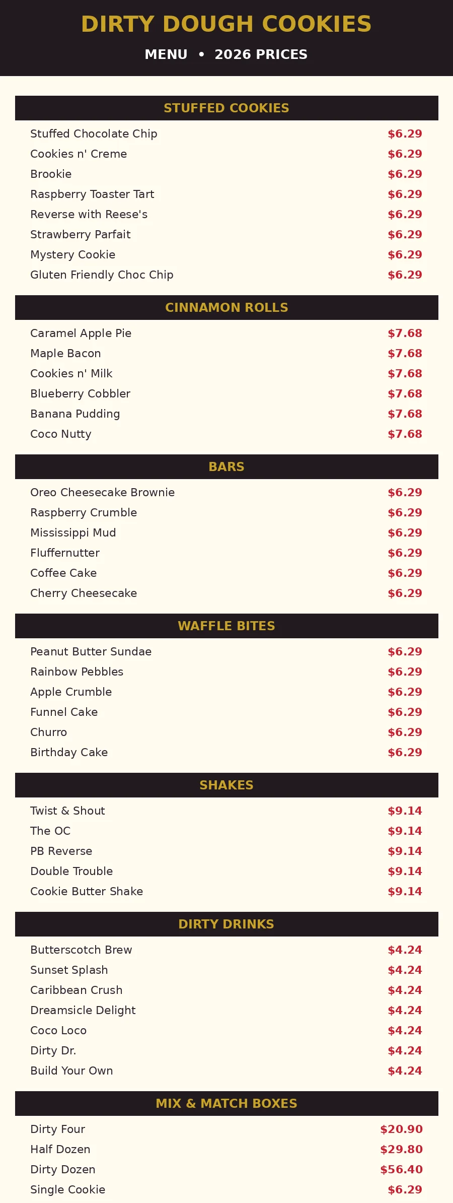Dirty Dough Cookies menu prices 2026 full menu card