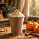 Pumpkin spice latte with whipped cream and cinnamon beside small pumpkins in autumn light