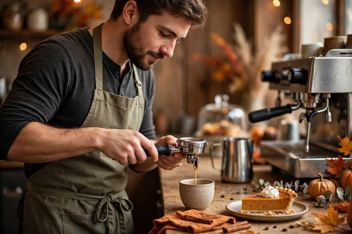 Barista pouring espresso beside a slice of pumpkin pie while making a pumpkin spice latte