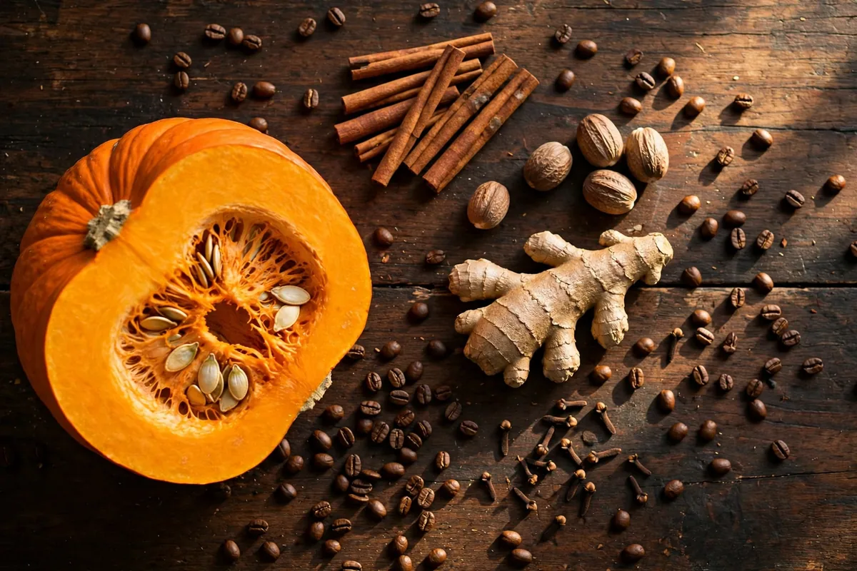 Pumpkin spice latte ingredients: halved pumpkin, cinnamon, nutmeg, ginger, cloves and coffee beans